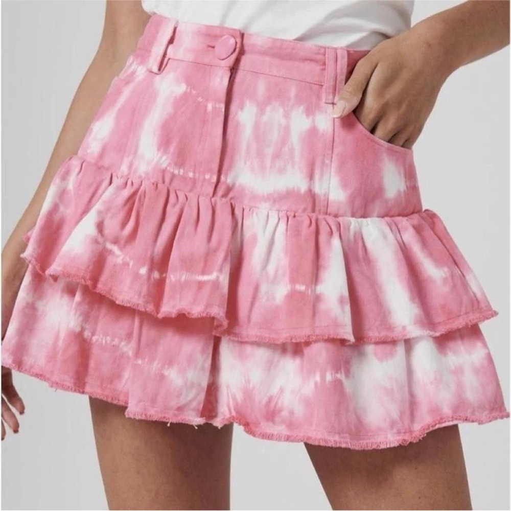 LoveShackFancy Pink Tie Dye Ruffle Mini Skirt Tiered Boho Festival Size 00 - Picture 3 of 6